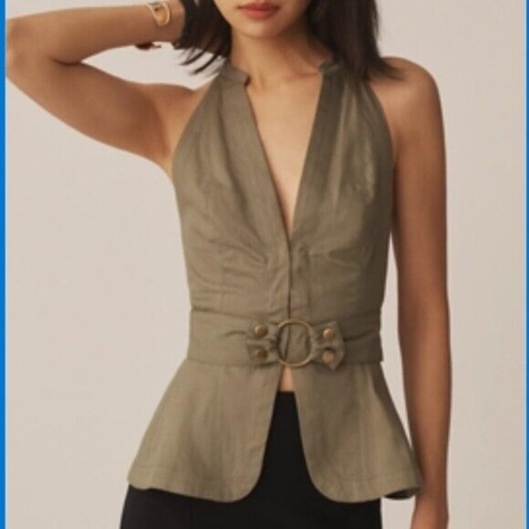 ANTHROPOLOGIE Belted Halter Top Open Back Moss Green Size XL NEW - Picture 3 of 9